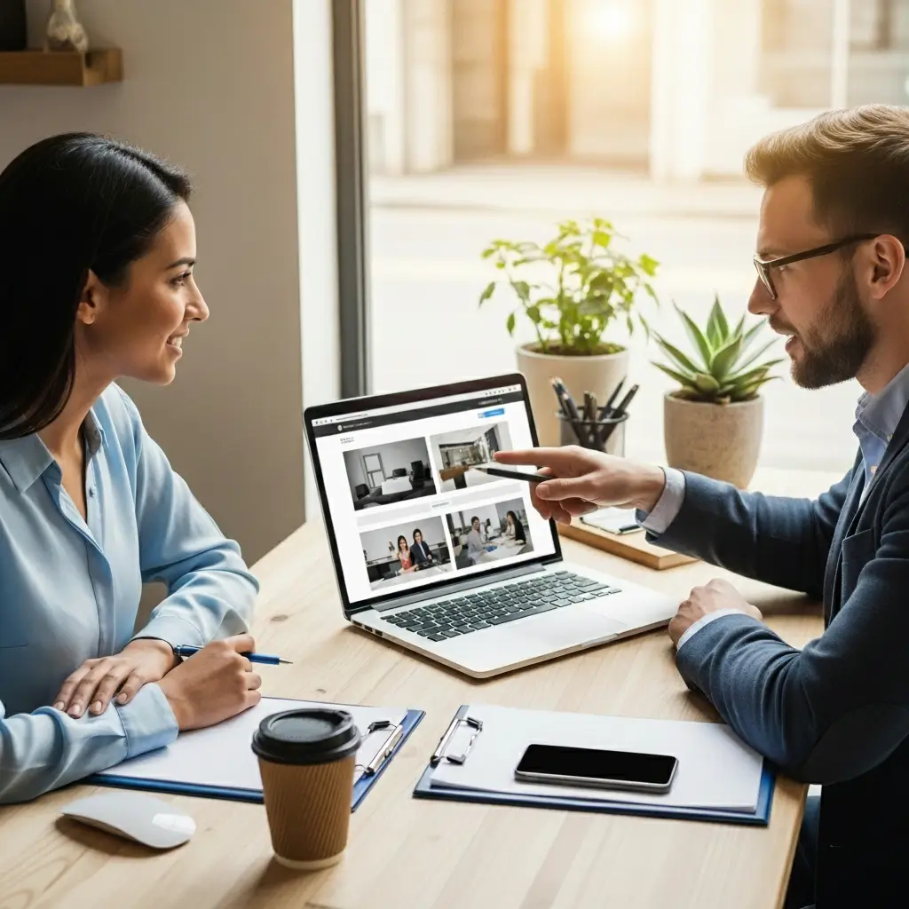 Santa Maria website design consultation with a local business owner reviewing a professional website layout on a laptop to drive more calls and customers
