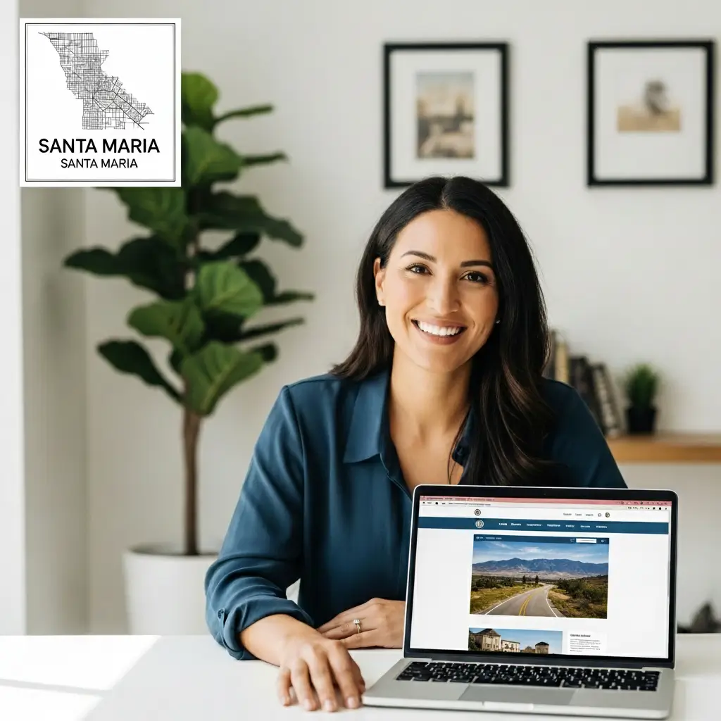Business owner presenting a WordPress website on a laptop in a modern office, showcasing custom, mobile-ready WordPress website design for Santa Maria businesses.