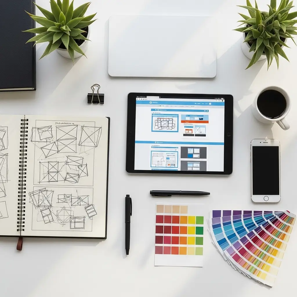Top-down flat lay of a modern web design workspace with tablet displaying website layouts, sketchbook wireframes, color palette, and tools for WordPress website design.